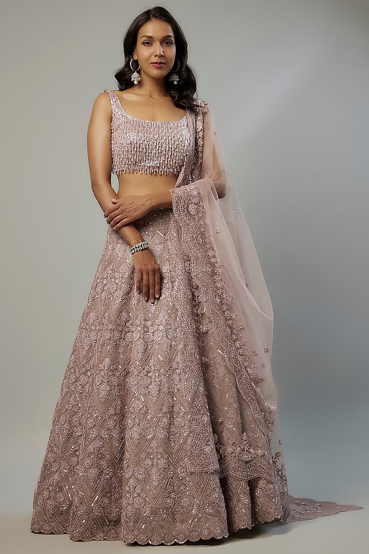 Lilac Grey Organza Resham Embroidered Wedding Lehenga Set by Shlok Design at Pernia's Pop Up Shop