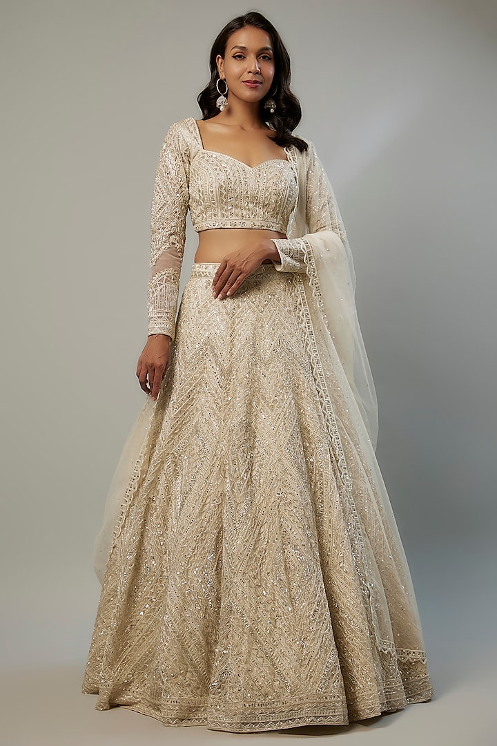 Ivory Net Geometric Cutdana Embroidered Bridal Lehenga Set by Shlok Design at Pernia's Pop Up Shop