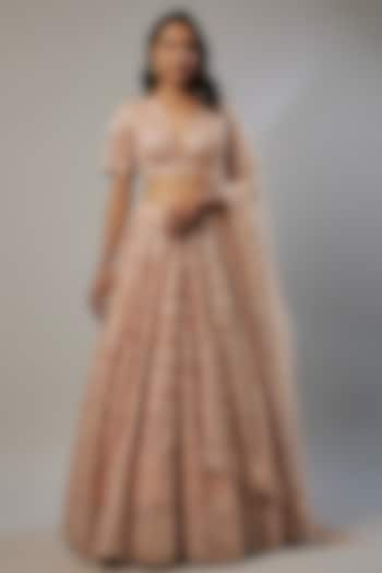 Peach Net Sequins Embroidered Wedding Lehenga Set by Shlok Design at Pernia's Pop Up Shop