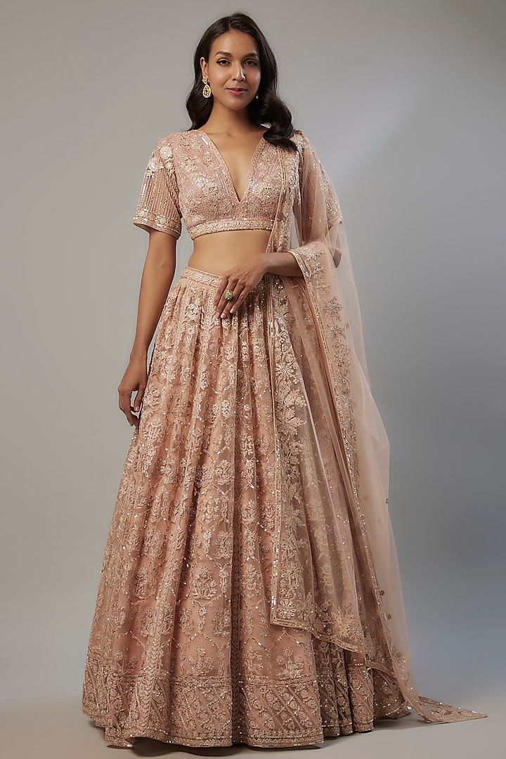 Peach Net Sequins Embroidered Wedding Lehenga Set by Shlok Design at Pernia's Pop Up Shop