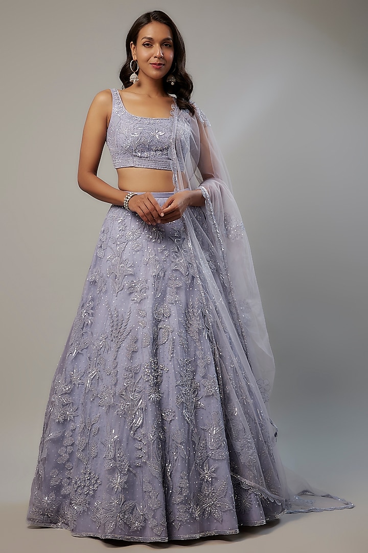 Lilac Net Cutdana Embroidered Wedding Lehenga Set by Shlok Design at Pernia's Pop Up Shop