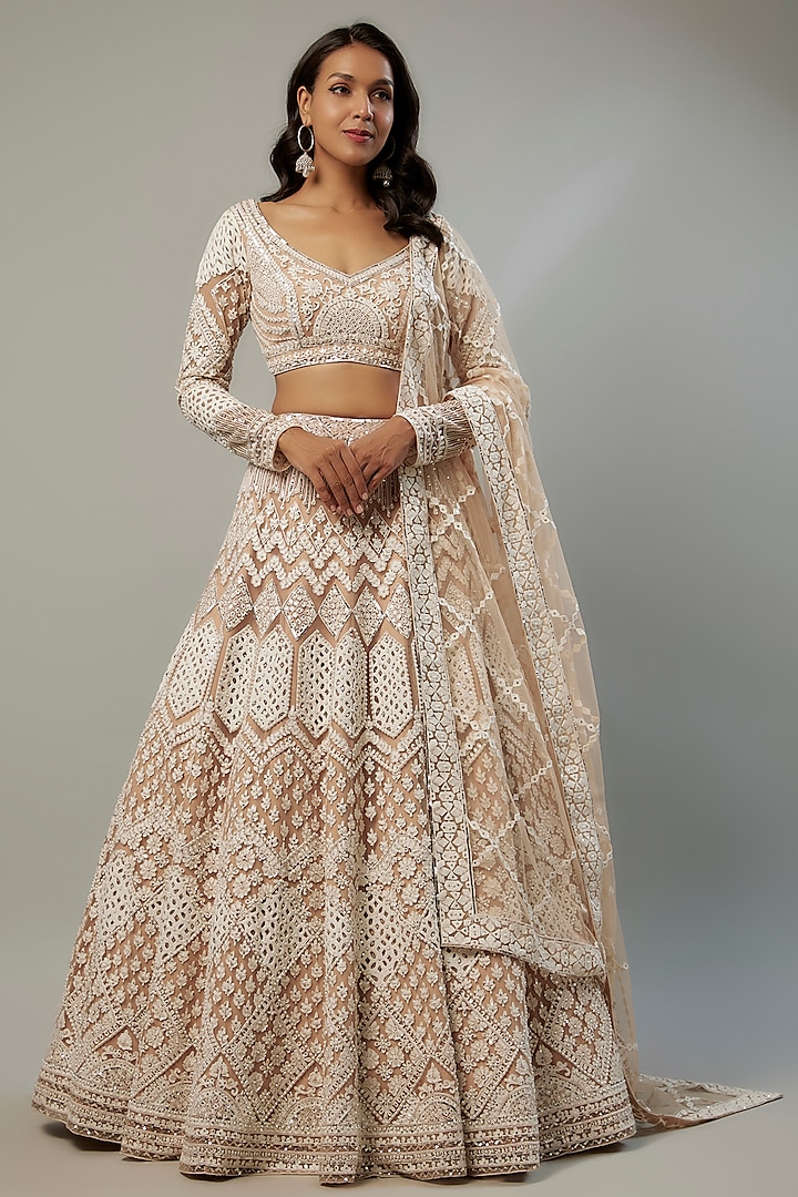 Beige Net Pearl Embroidered Wedding Lehenga Set by Shlok Design at Pernia's Pop Up Shop