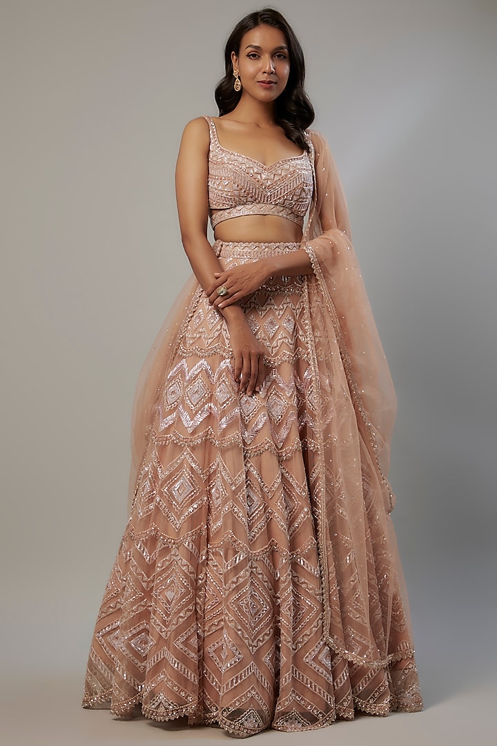 Beige Net Salli & Sequins Embroidered Wedding Lehenga Set by Shlok Design at Pernia's Pop Up Shop