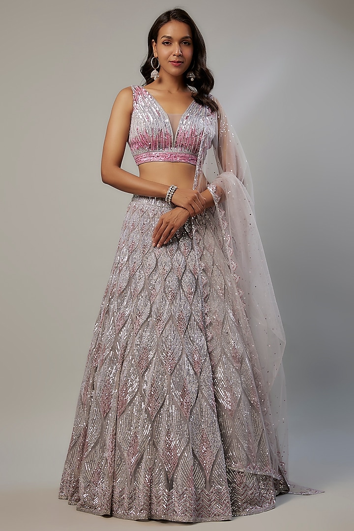 Grey Net Sequins Embroidered Ombre Wedding Lehenga Set by Shlok Design at Pernia's Pop Up Shop