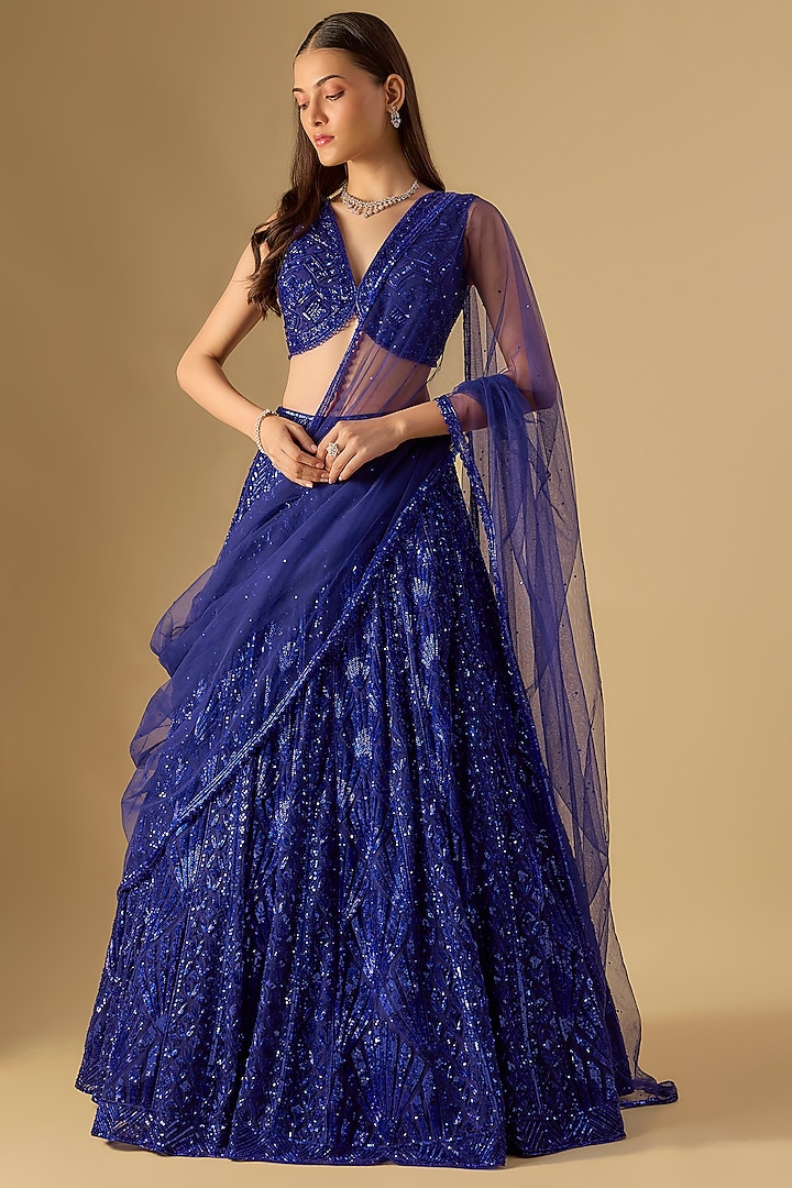 Blue Net Sequins Embroidered Bridal Lehenga Set by Shlok Design at Pernia's Pop Up Shop