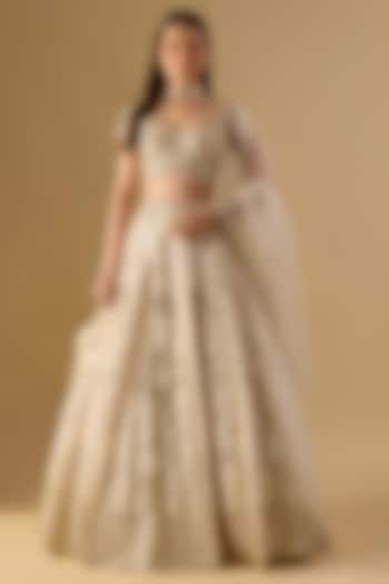 Ivory Dupion Zardosi Embroidered Bridal Lehenga Set by Shlok Design at Pernia's Pop Up Shop