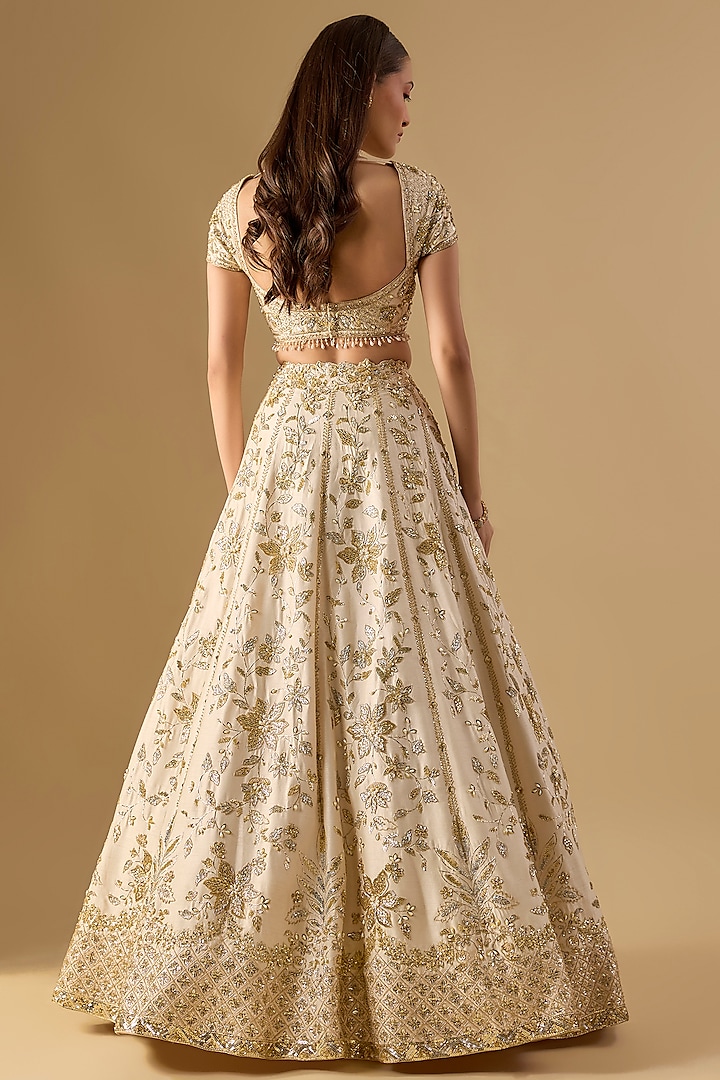 Ivory Dupion Zardosi Embroidered Bridal Lehenga Set by Shlok Design at Pernia's Pop Up Shop