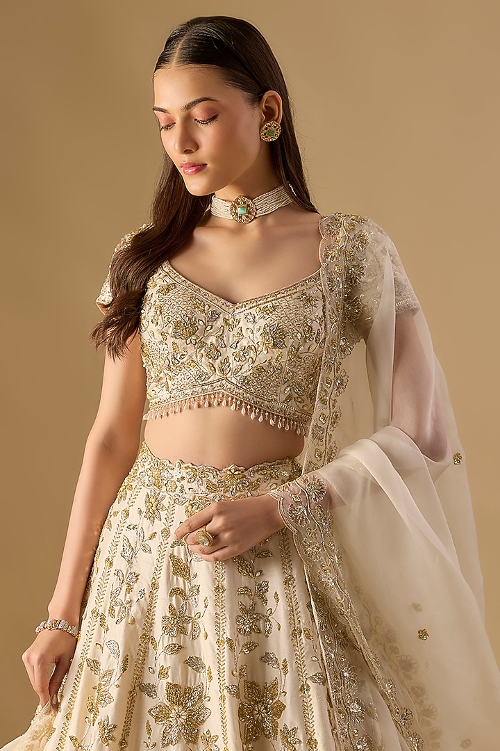 Ivory Dupion Zardosi Embroidered Bridal Lehenga Set by Shlok Design at Pernia's Pop Up Shop