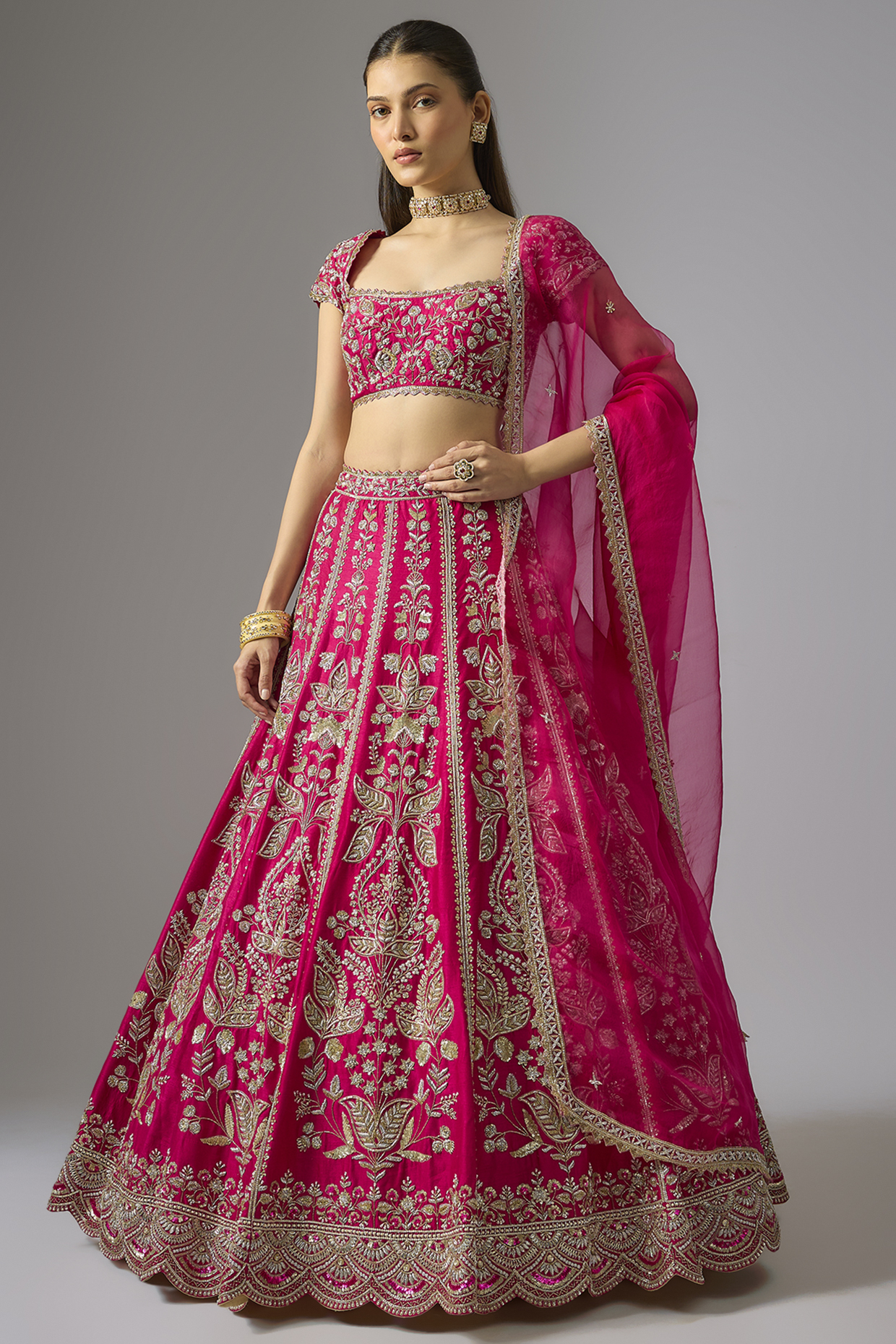 Pink Dupion Zardosi Embroidered Bridal Lehenga Set by Shlok Design at Pernia's Pop Up Shop