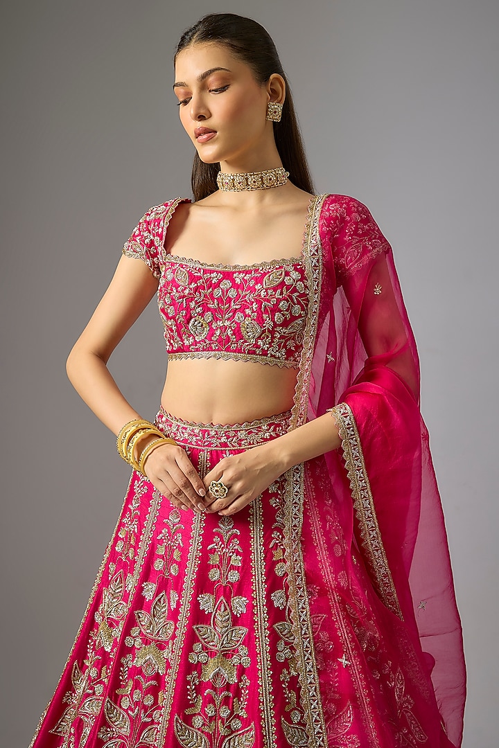 Pink Dupion Zardosi Embroidered Bridal Lehenga Set by Shlok Design at Pernia's Pop Up Shop