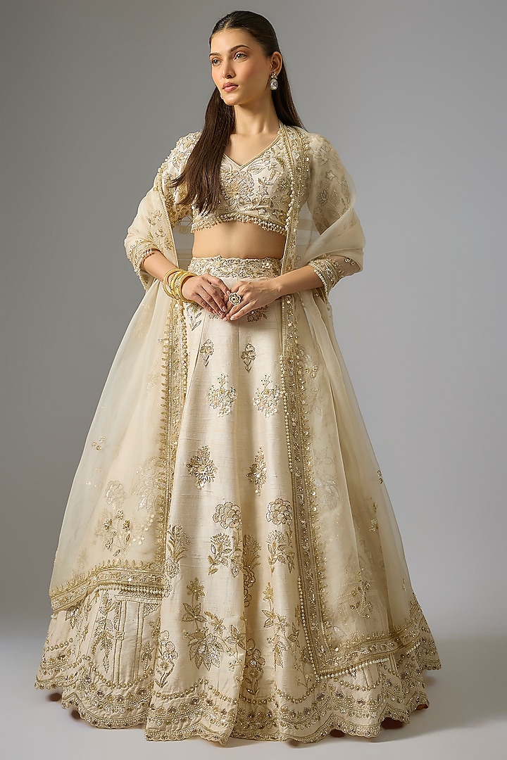 Ivory Raw Silk Zardosi Embroidered Bridal lehenga for 22 Lehenga Set by Shlok Design at Pernia's Pop Up Shop
