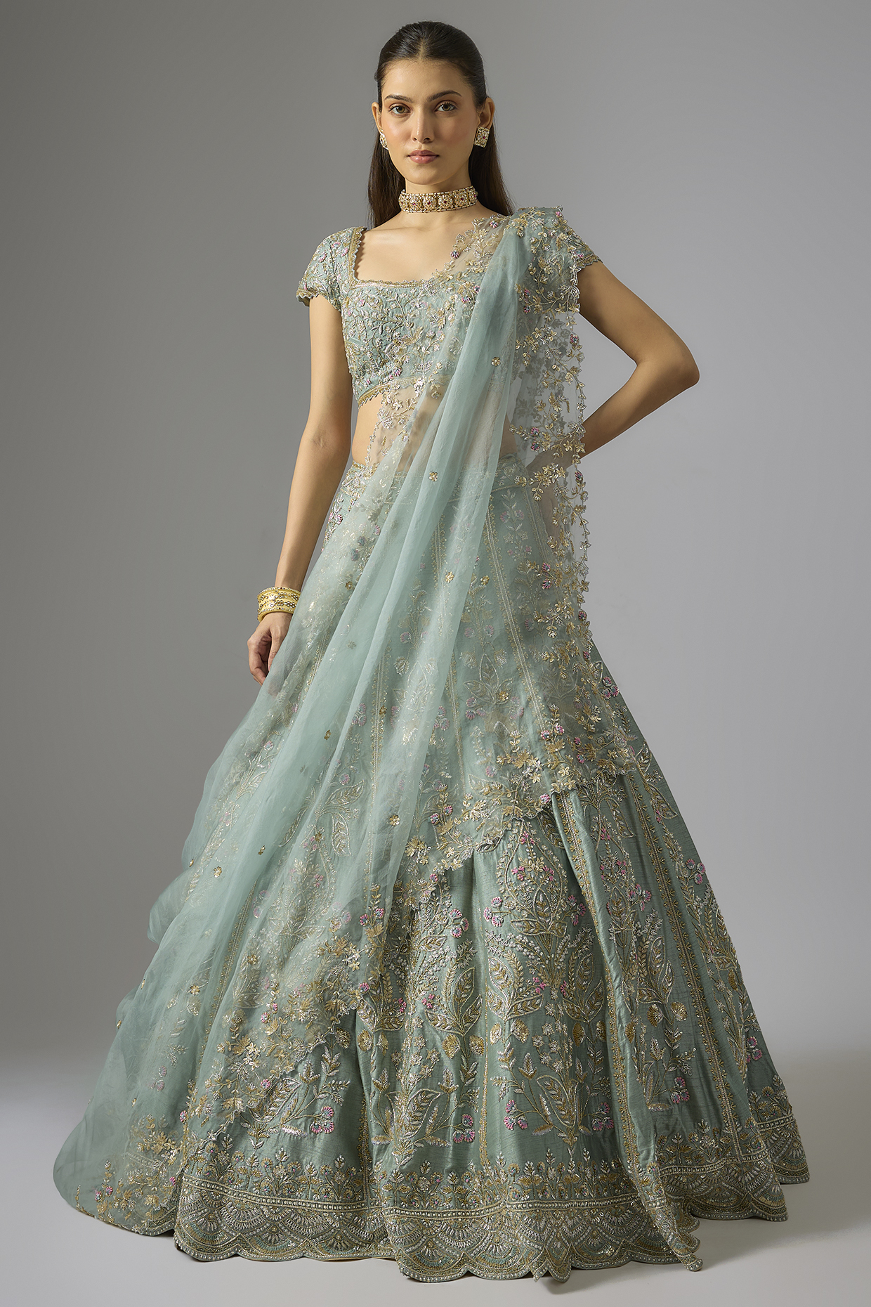Moss Green Dupion Zardosi Embroidered Bridal Lehenga Set by Shlok Design at Pernia's Pop Up Shop