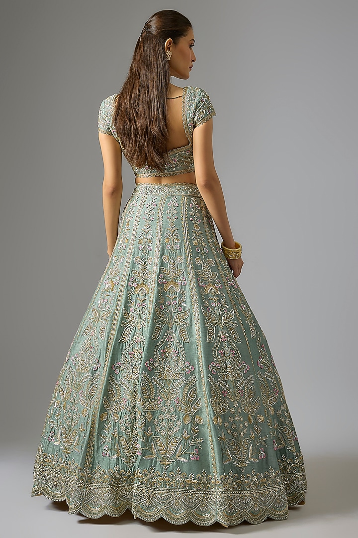 Moss Green Dupion Zardosi Embroidered Bridal Lehenga Set by Shlok Design at Pernia's Pop Up Shop