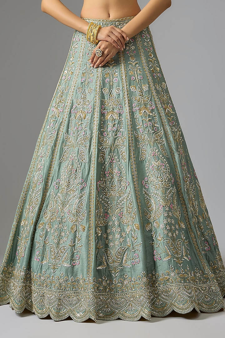 Moss Green Dupion Zardosi Embroidered Bridal Lehenga Set by Shlok Design at Pernia's Pop Up Shop
