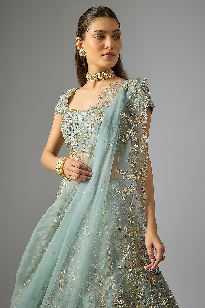 Moss Green Dupion Zardosi Embroidered Bridal Lehenga Set by Shlok Design at Pernia's Pop Up Shop