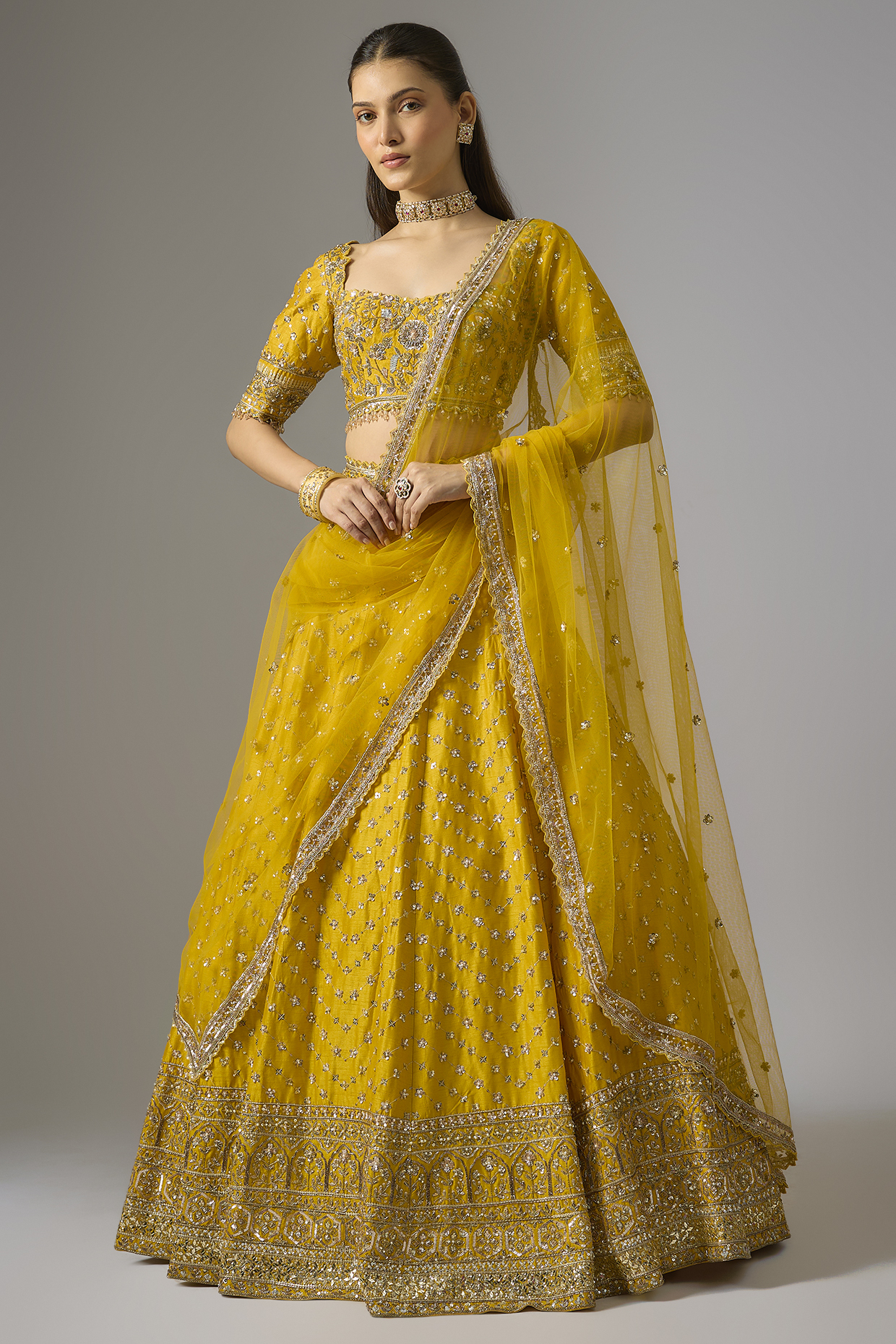 Yellow Dupion Zardosi Embroidered Bridal Lehenga Set by Shlok Design at Pernia's Pop Up Shop