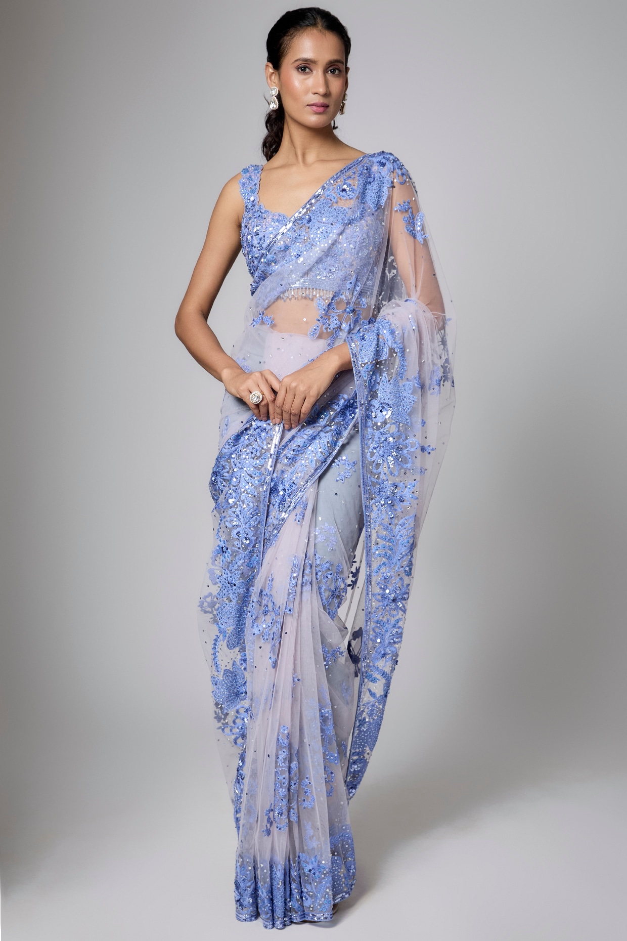 Shlok Design Lilac & Blue Net Resham Embroidered Saree Set
