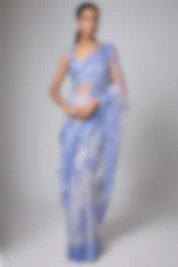 Lilac & Blue Net Resham Embroidered Reception Saree Set by Shlok Design at Pernia's Pop Up Shop