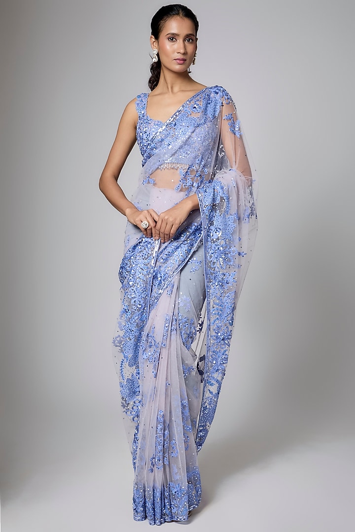 Lilac & Blue Net Resham Embroidered Reception Saree Set by Shlok Design at Pernia's Pop Up Shop