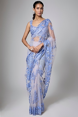 Lilac & Blue Net Resham Embroidered Saree Set by Shlok Design