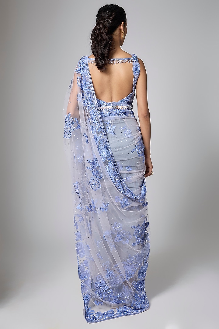 Lilac & Blue Net Resham Embroidered Reception Saree Set by Shlok Design at Pernia's Pop Up Shop