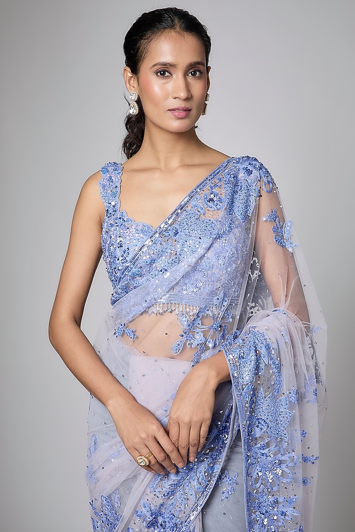 Lilac & Blue Net Resham Embroidered Reception Saree Set by Shlok Design at Pernia's Pop Up Shop
