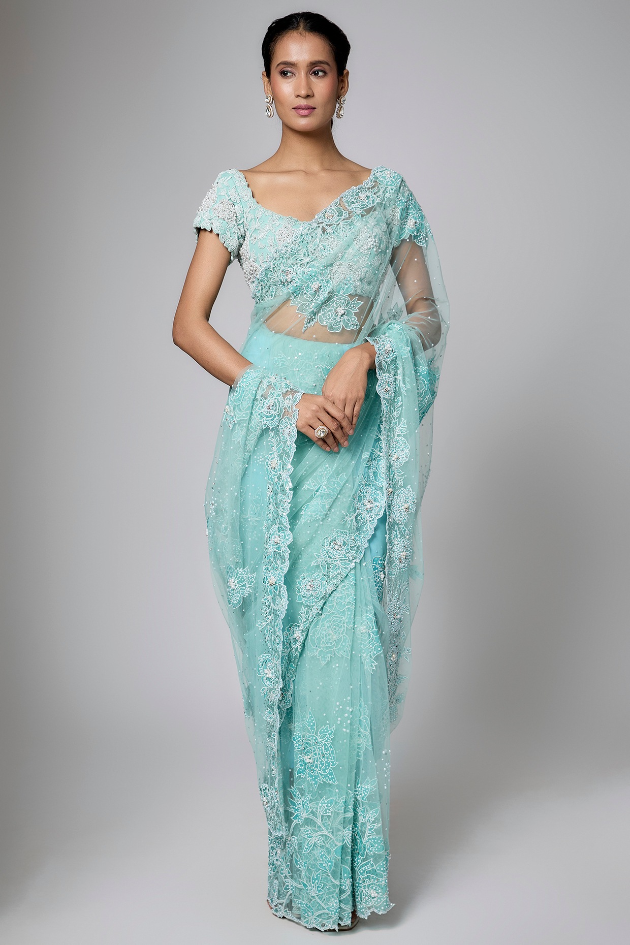 Shlok Design Mint Green Net Sequins Embroidered Saree Set