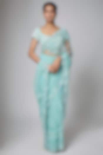 Mint Green Net Sequins Embroidered Reception Saree Set by Shlok Design at Pernia's Pop Up Shop