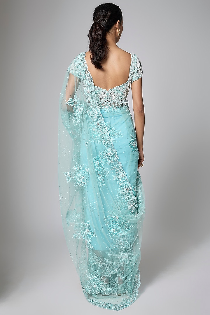 Mint Green Net Sequins Embroidered Reception Saree Set by Shlok Design at Pernia's Pop Up Shop