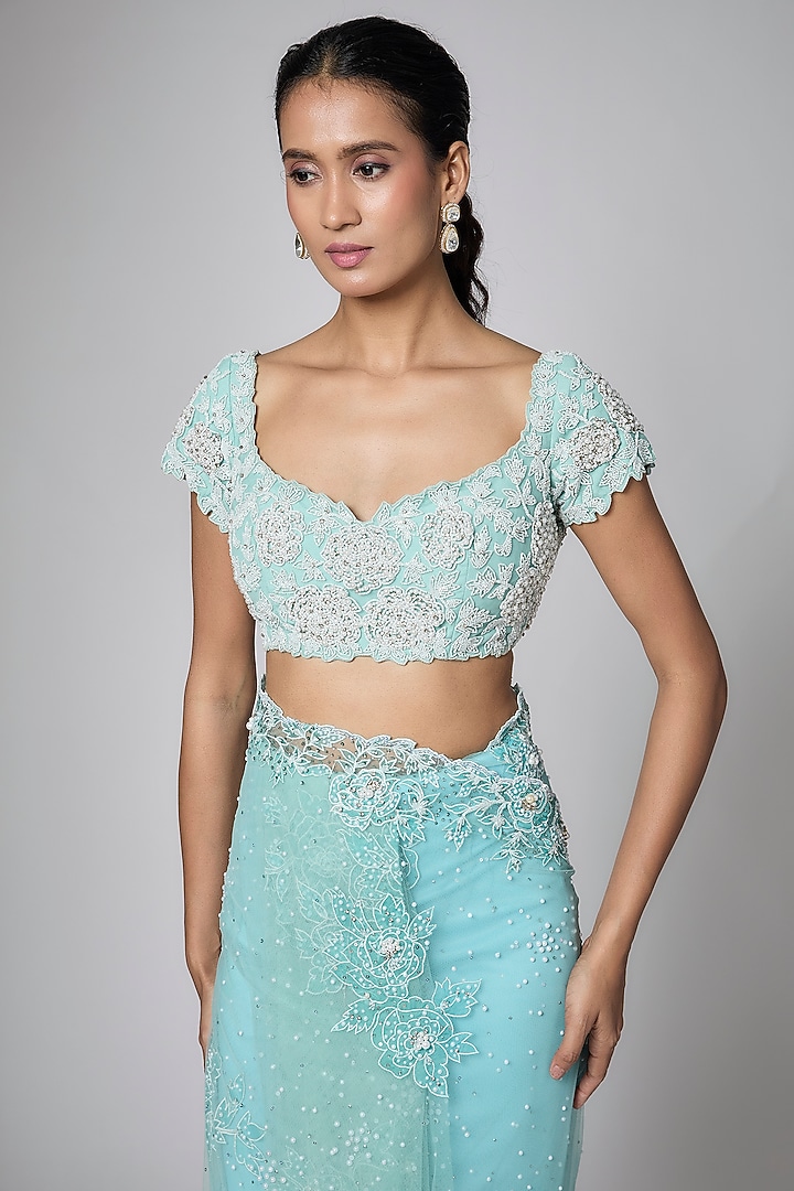 Mint Green Net Sequins Embroidered Reception Saree Set by Shlok Design at Pernia's Pop Up Shop