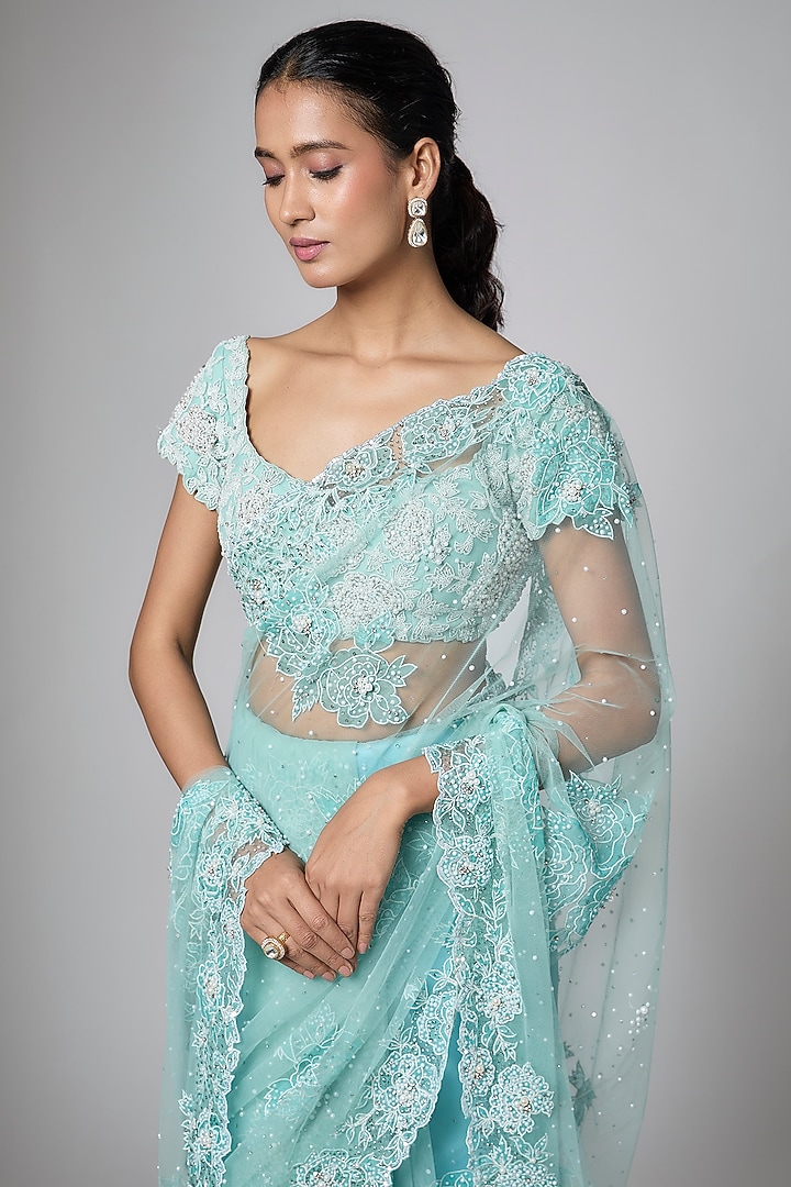 Mint Green Net Sequins Embroidered Reception Saree Set by Shlok Design at Pernia's Pop Up Shop