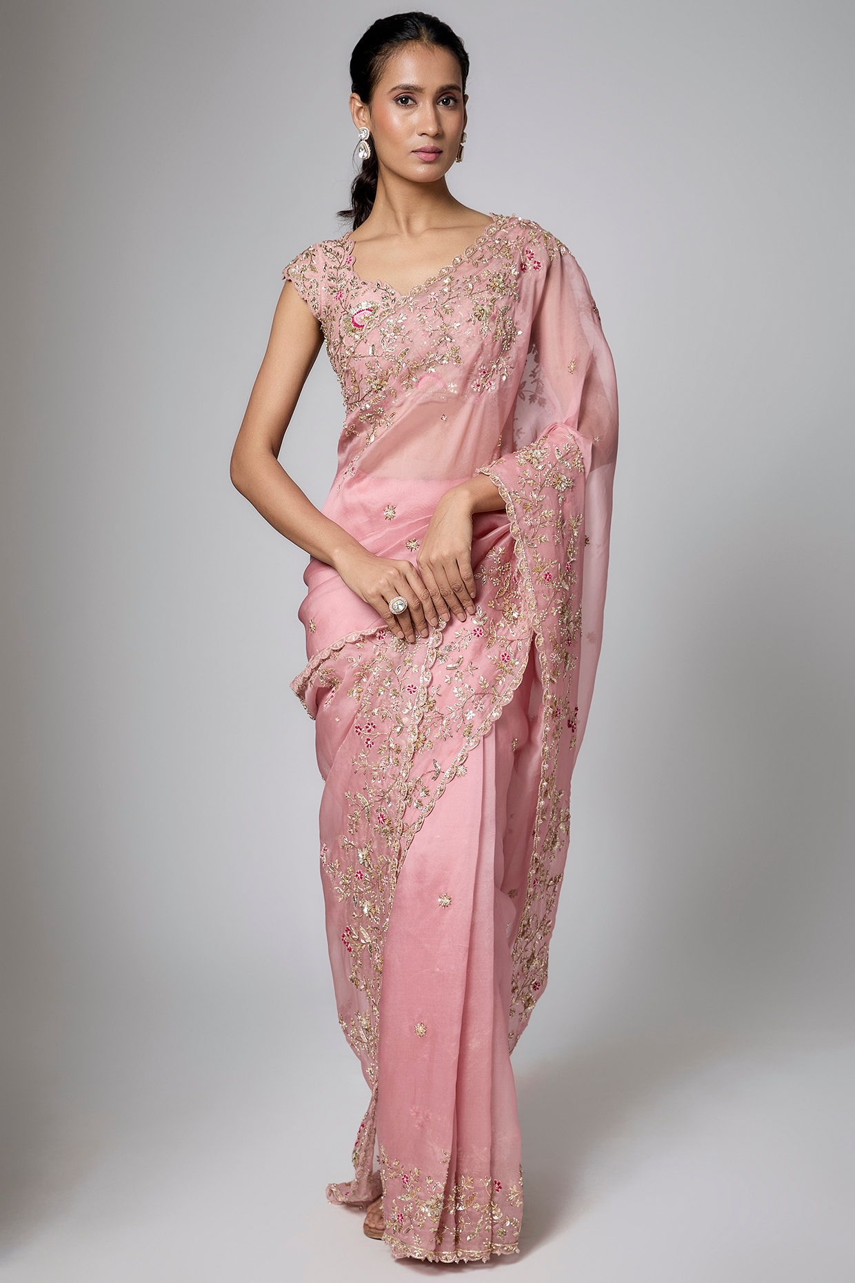 Shlok Design Rose Pink Organza Sequins Embroidered Saree Set