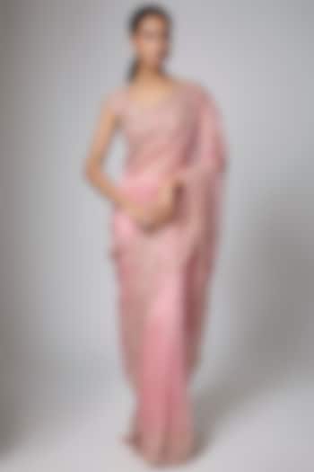 Rose Pink Organza Sequins Embroidered Reception Saree Set by Shlok Design at Pernia's Pop Up Shop