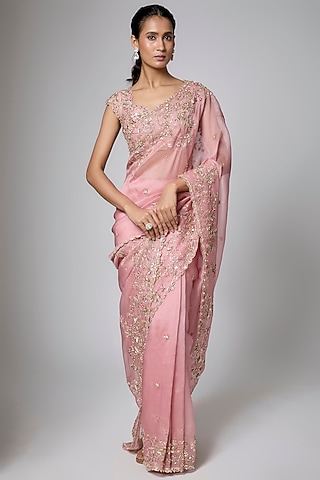 Rose Pink Organza Sequins Embroidered Saree Set by Shlok Design