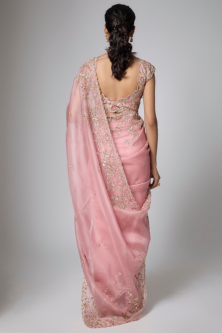 Rose Pink Organza Sequins Embroidered Reception Saree Set by Shlok Design at Pernia's Pop Up Shop