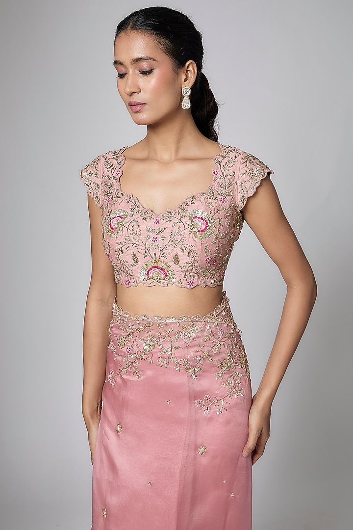 Rose Pink Organza Sequins Embroidered Reception Saree Set by Shlok Design at Pernia's Pop Up Shop