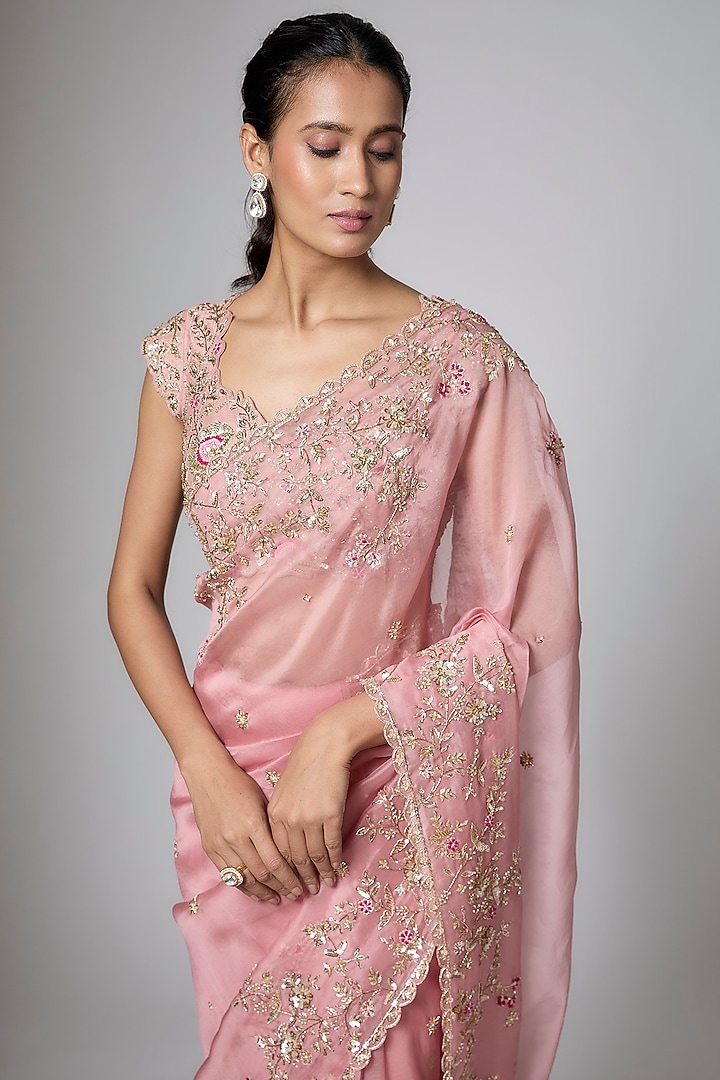 Rose Pink Organza Sequins Embroidered Reception Saree Set by Shlok Design at Pernia's Pop Up Shop