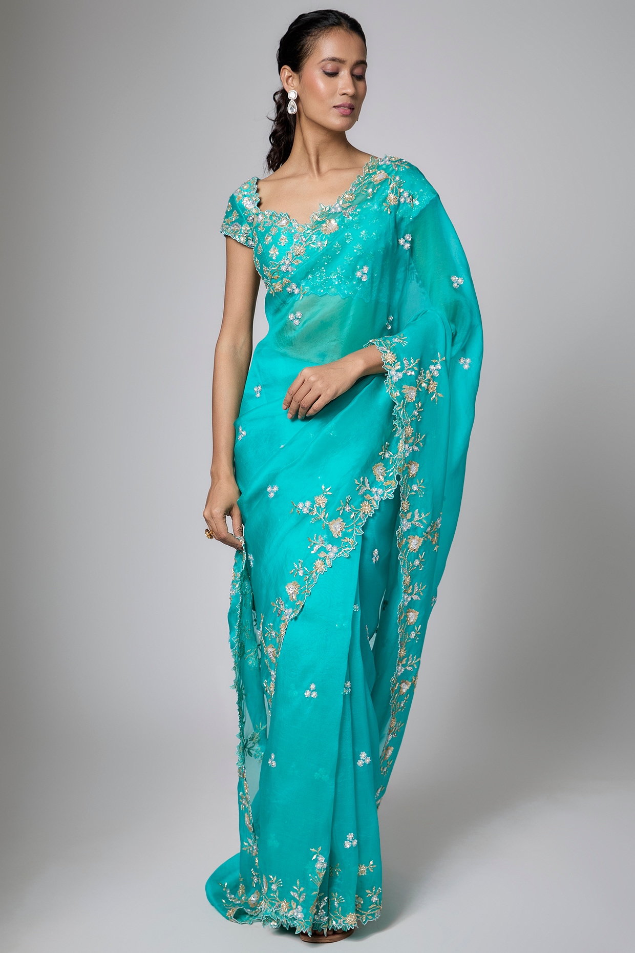 Shlok Design Green Organza Cutwork Embroidered Saree Set