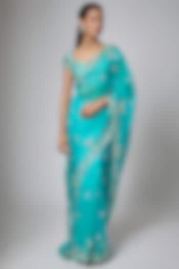 Green Organza Cutwork Embroidered Reception Saree Set by Shlok Design at Pernia's Pop Up Shop