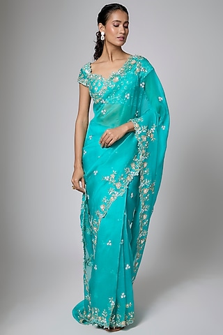 Green Organza Cutwork Embroidered Saree Set by Shlok Design