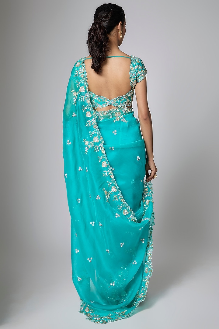 Green Organza Cutwork Embroidered Reception Saree Set by Shlok Design at Pernia's Pop Up Shop