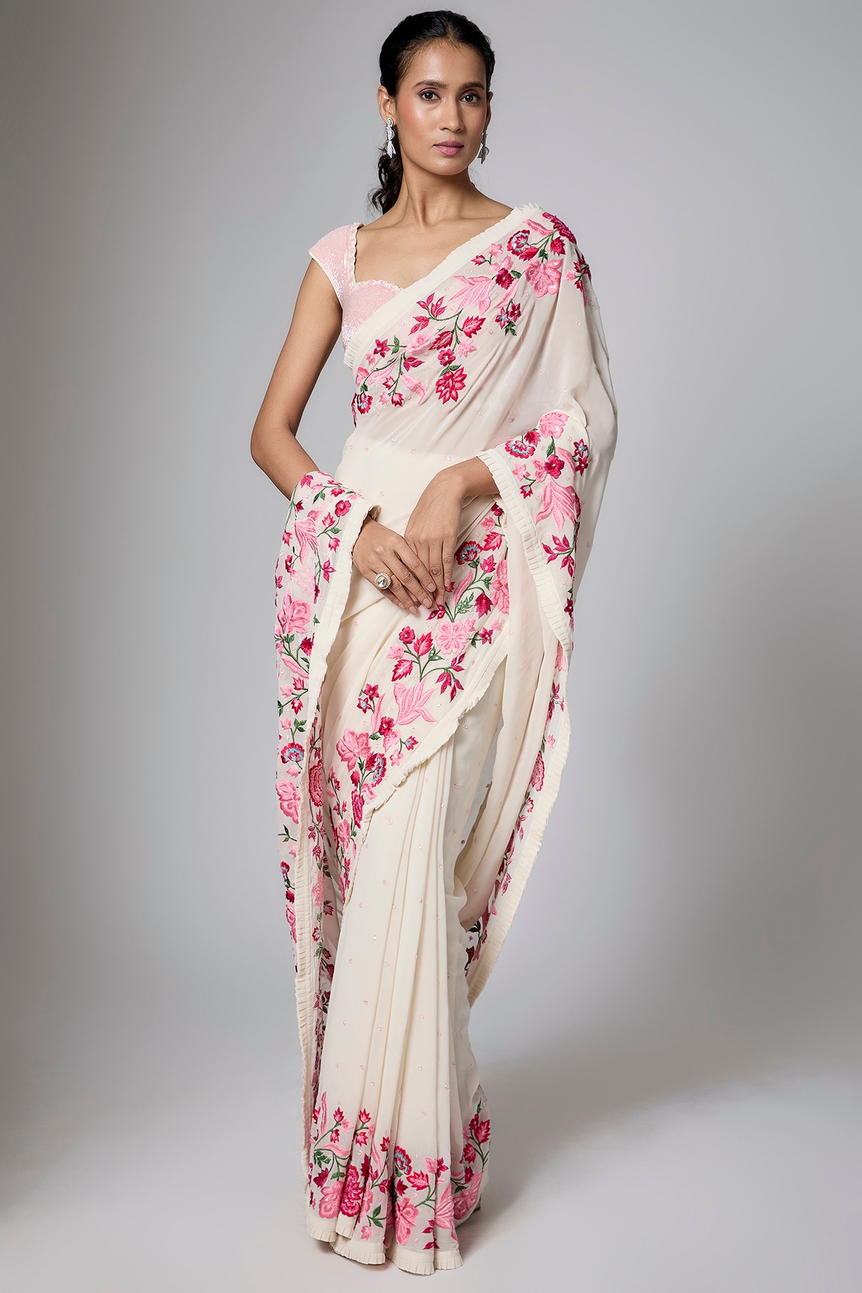 Shlok Design Ivory Georgette Sequins Embroidered Saree Set