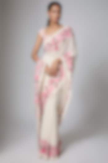 Ivory Georgette Sequins Embroidered Reception Saree Set by Shlok Design at Pernia's Pop Up Shop