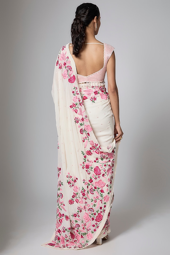 Ivory Georgette Sequins Embroidered Reception Saree Set by Shlok Design at Pernia's Pop Up Shop