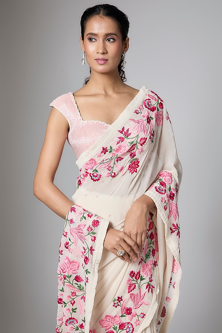 Ivory Georgette Sequins Embroidered Reception Saree Set by Shlok Design at Pernia's Pop Up Shop