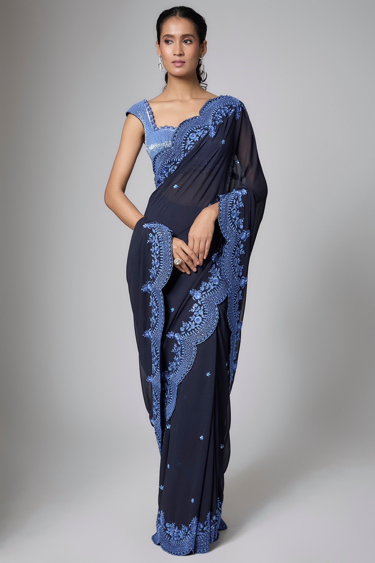 Shlok Design Blue Georgette Sequins Embroidered Saree Set
