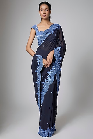 Blue Georgette Sequins Embroidered Saree Set by Shlok Design