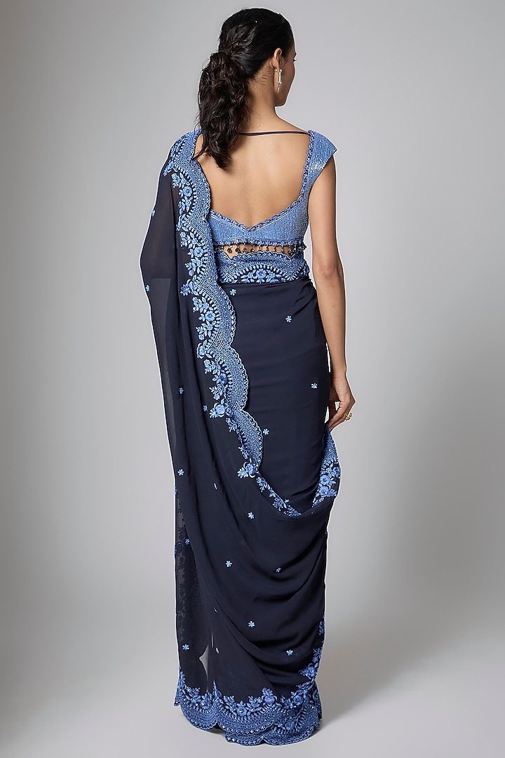 Blue Georgette Sequins Embroidered Reception Saree Set by Shlok Design at Pernia's Pop Up Shop