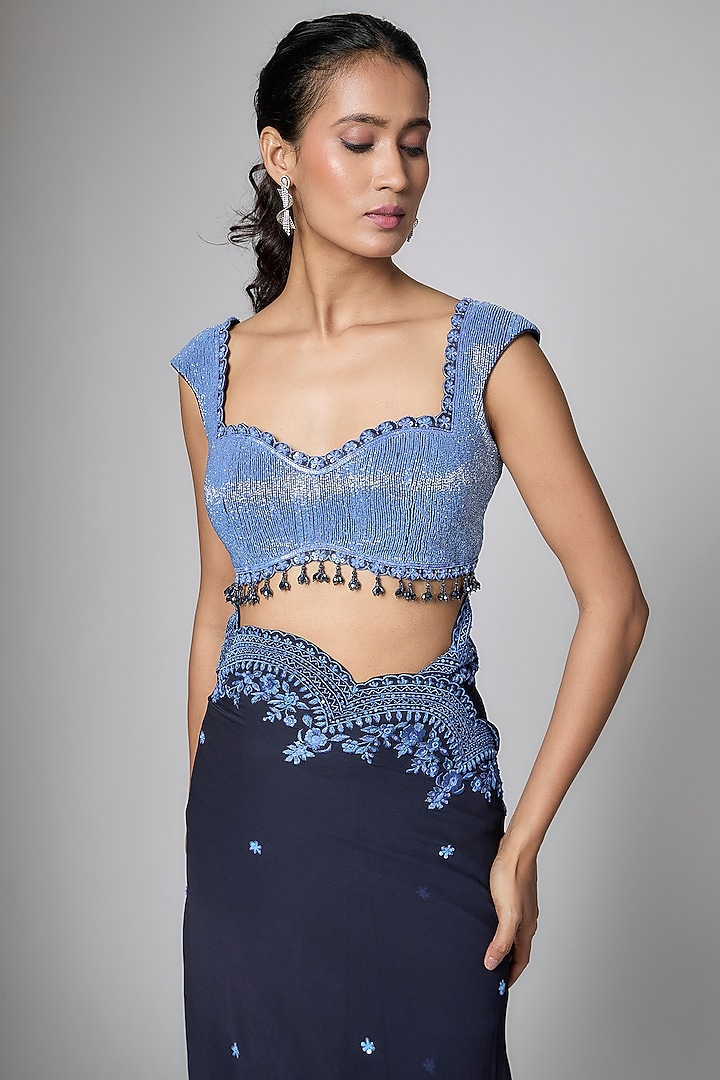 Blue Georgette Sequins Embroidered Reception Saree Set by Shlok Design at Pernia's Pop Up Shop
