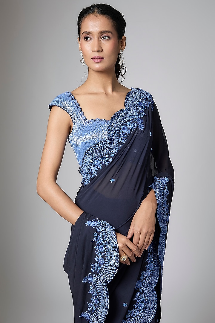Blue Georgette Sequins Embroidered Reception Saree Set by Shlok Design at Pernia's Pop Up Shop